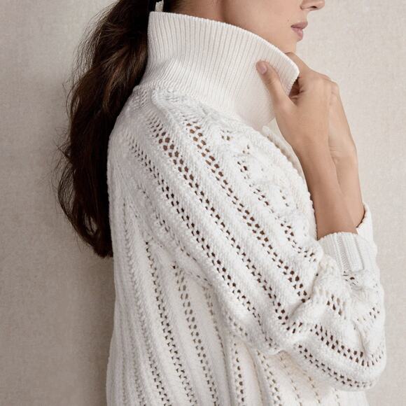 Haven Well Within Open Stitch Johnny Collar Cotton Blend Knit Sweater White - Picture 5 of 13